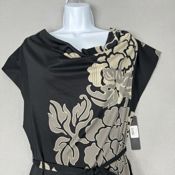 Komarov Womens Dress M Black Floral Jersey Knit Belted Cowl Neck Cocktail Career - Picture 2 of 11
